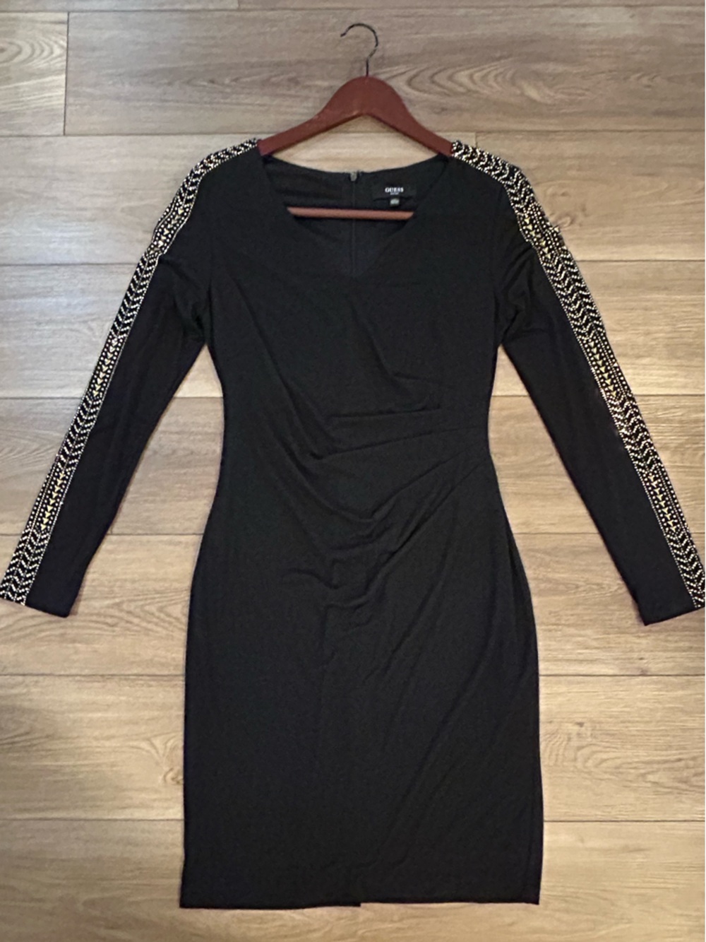 Guess Black Ruched Long Sleeve Embellished Sheath Dress Size 12